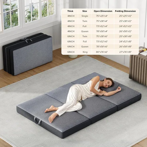 Vista 2 de Colchón triple tamaño Queen de 6 pulgadas, colchón plegable de espuma viscoelástica, parte inferior antideslizante, funda lavable con asas, cojín