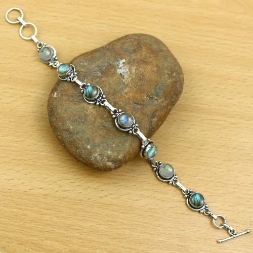 Vista 47 de Round Shape Natural & Synthetic Gemstones Silver Plated Bracelets for Women - Vintage Bohemian Style Handmade Birthstone Adjustable Link Bracelet
