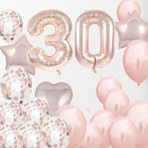 Vista 4 de Decoraciones de cumpleaños número 30, suministros para fiestas, globos de oro rosa con el número 30, globos de aluminio Mylar 30 para decoración
