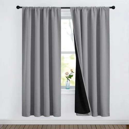 Vista 15 de NICETOWN Biscotti Beige 100% Cortinas opacas de 45" de largo para cocina, bolsillo con varilla para sótano completamente opaco, cortinas térmicas