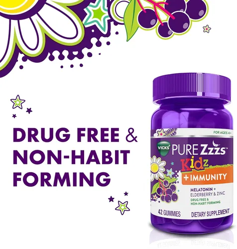 Vista 3 de Pure Zzzs Kidz + Immunity de Vicks, Gomitas de melatonina para dormir para niños y niños, zinc para apoyo inmunológico, melatonina en dosis bajas