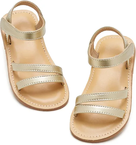 Vista 47 de Sandalias de verano para niñas con puntera abierta, sandalias planas de princesa con suela cómoda D742 Oro