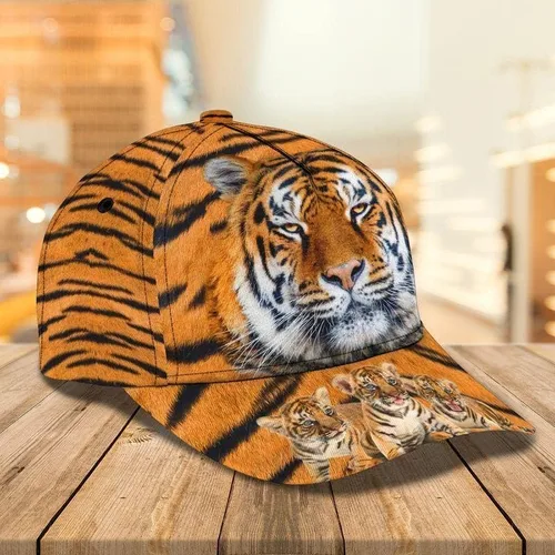 Vista 2 de Sombreros vintage de tigre para hombres y mujeres, tigre mamá y sus bebés con patrón de rayas estampado de animales, gorra de béisbol, regalos
