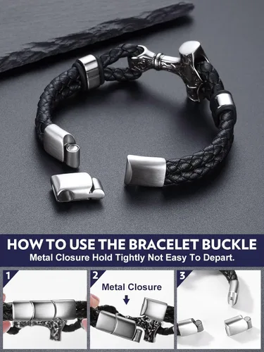 Vista 3 de Bandmax Pulsera trenzada de cuero negro para hombre con colgante gótico punk, pulsera de cuero con hebilla de acero inoxidable, paquete de regalo