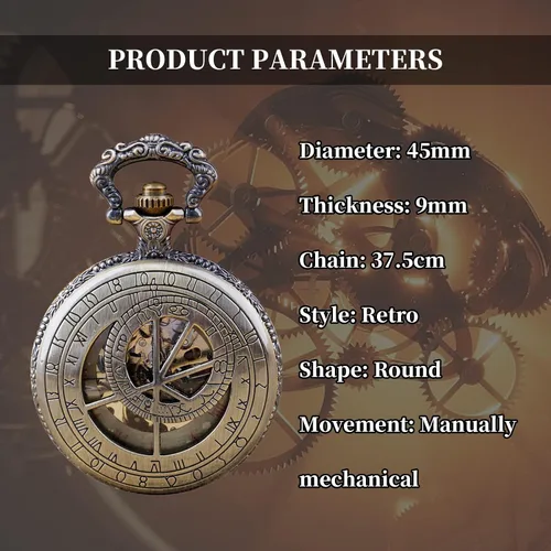 Vista 7 de Bronze Men's Antique Mechanical Pocket Watch, Skeleton Mechanical Roman Numerals Pocket Watch with Chain + Box
