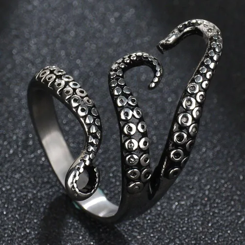 Vista 3 de Weelovee Anillo de pulpo antiguo punk de acero de titanio 316L para hombre y mujer, tamaño ajustable, diseño de joyería, unisex, plateado, Metal