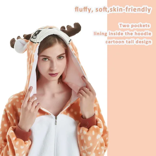 Vista 6 de Pijama de Halloween para adultos, pijama de ciervo con capucha, unisex, de una pieza, ropa de dormir de Navidad para el hogar