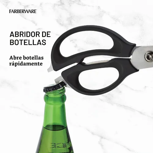 Vista 4 de Farberware Tijeras de cocina 4 en 1 con mango negro, tijeras de acero inoxidable de alto carbono con abridor de botellas, abridor de tarros