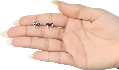 Vista 5 de Disney Pendientes Desiguales de Mickey y Minnie Mouse con Licencia Oficial, Aretes de Minnie y Mickey Bañados en Plata
