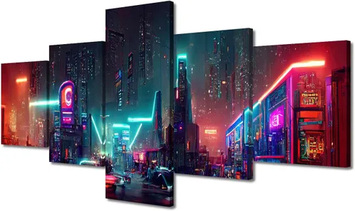 Vista 100 de Póster de 5 paneles en lienzo para decoración de pared, diseño de centro urbano Cyberpunk, impresión moderna, decoración de pared para el hogar