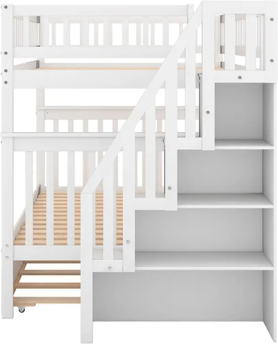 Vista 7 de Litera de madera para niños, tamaño matrimonial sobre matrimonial, con escaleras, cama nido de almacenamiento para niños y niñas, no necesita somier