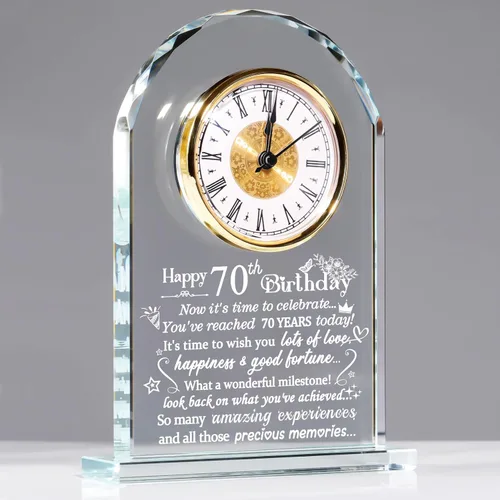 Vista 9 de Ornalrist Reloj de cristal de feliz cumpleaños 70 para mujeres, hombres, recuerdo de cumpleaños de 70 años para mamá, papá, padres, decoración