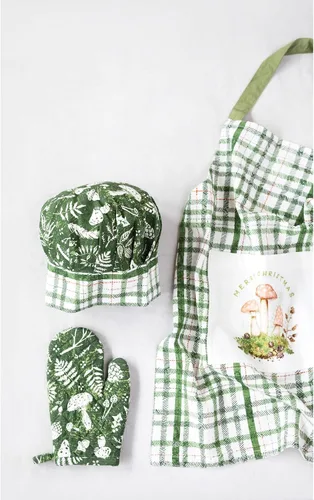 Vista 2 de Creative Co-Op Delantal infantil con estampado de algodón flameado, sombrero de chef y guante caliente