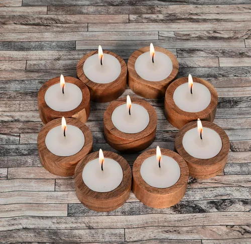 Vista 5 de NIRMAN Portavelas de Madera de Acacia para Velas de Té para Bodas, Fiestas, Cumpleaños, Vacaciones, Decoración del Hogar (2.25" x 2.25" x 1")