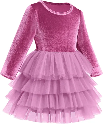 Vista 3 de Vestido de tutú de tul escalonado de terciopelo de manga larga para otoño e invierno para niñas y niñas