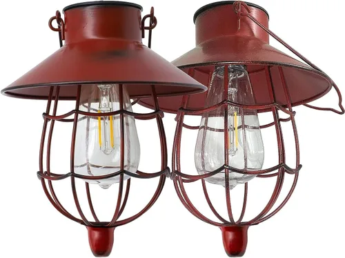 Vista 2 de YAKii Paquete de 2 faroles solares colgantes impermeables de metal para exteriores con luz blanca cálida para decorar patio, jardín, camino, patio