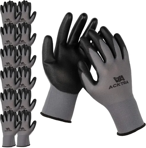 Vista 14 de ACKTRA Guantes de trabajo de seguridad ultrafinos de poliuretano 12 pares, WG002 negro/negro, XS