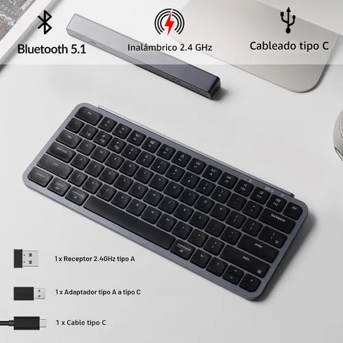 Vista 2 de Keychron B1 Pro Ultra-Slim ZMK/Launcher Teclado Inalámbrico Bluetooth 2.4 GHz/Conexión por Cable para Mac Windows Linux - Gris