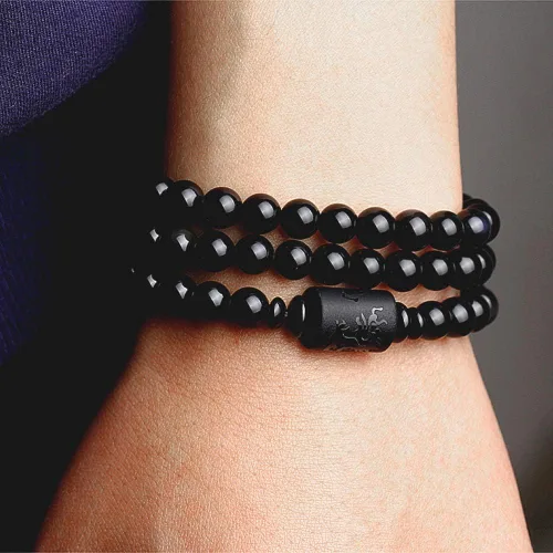 Vista 2 de KIOMOY Pulsera de obsidiana de cristal grabado con dragón o fénix totem cilindro cuentas hombres o mujeres cadena de piedra natural famosa moda 12MM