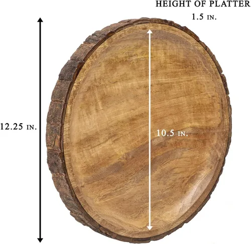 Vista 4 de GoCraft - Plato redondo de madera para servir con corteza de árbol en los bordes, plato de pizza de madera de mango, tabla para servir, plato