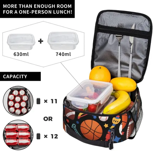 Vista 3 de Bolsa de almuerzo divertida para niños con pelotas deportivas, bolsa reutilizable para baloncesto, fútbol, fútbol americano y béisbol, lonchera