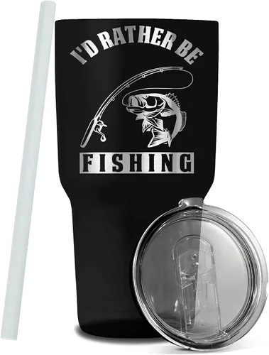 Vista 2 de Regalo de pesca de 30 onzas I'd Rather Be FishingTumbler y regalos de pesca Regalo para un pescador Incluye popote de silicona y tapa Taza