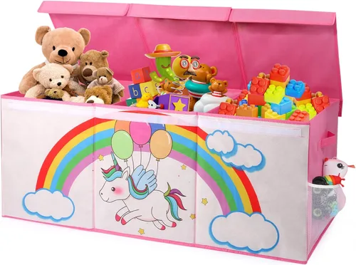 Vista 8 de Caja de juguetes extragrande con tapa, baúl plegable para juguetes para niños y niñas, organizador de almacenamiento de juguetes con divisores, caja