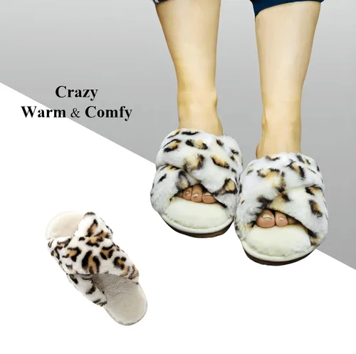 Vista 2 de Crazy Lady Women's Fuzzy Fluffy House Slippers Cute Plush Memory Foam Shoes Cross Band Indoor Outdoor Open Toe Sandals