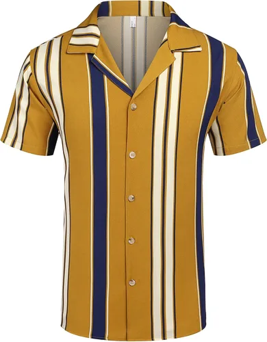 Vista 3 de COOFANDY Camisas hawaianas de manga corta para hombre, camisa a rayas con botones, camisas de playa de verano