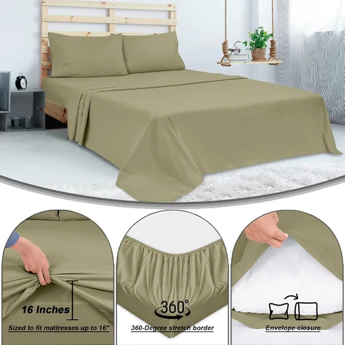 Vista 5 de ROYALE LINENS Juego de sábanas de 300 hilos de 100 % algodón peinado de fibras largas, 4 piezas, 1 sábana bajera, 1 encimera y 2 fundas de almohada
