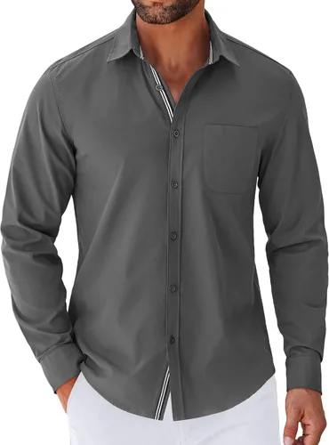 Vista 16 de COOFANDY Camisa para hombre de manga larga casual con botones, camisas sin doblar para hombre de ajuste regular