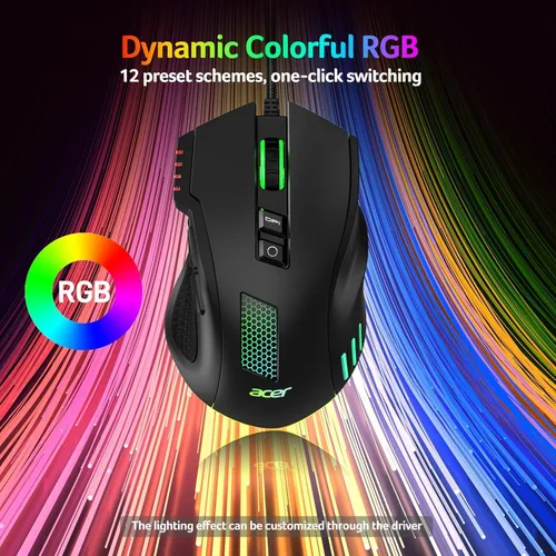 Vista 5 de acer Ratón para juegos con cable, mouse ergonómico RGB de 12,800 DPI con sensor óptico, 8 botones programables, 12 modos retroiluminados, software