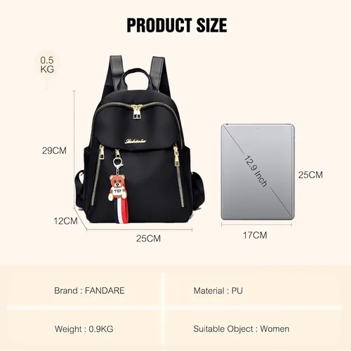 Vista 5 de FANDARE Mochila para mujer con dijes desmontables de piel sintética para laptop, Negro, Grande