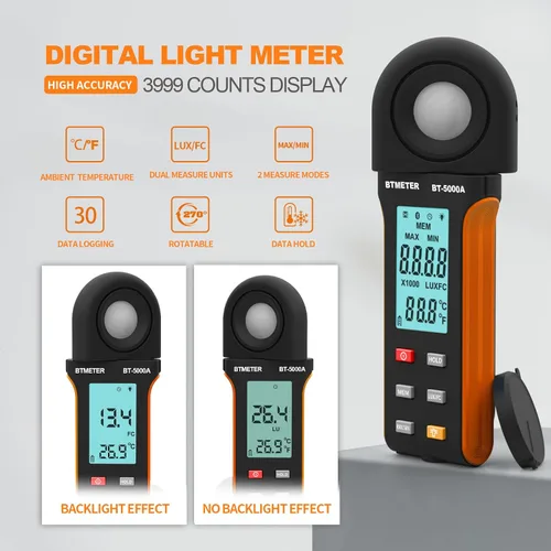 Vista 2 de BTMETER Light Lux Meter Logger BT-5000A, probador digital de lúmenes de medición de nivel de iluminación Intensidad 0.1 ~ 400.000 Lux(0.1 ~ 40.000