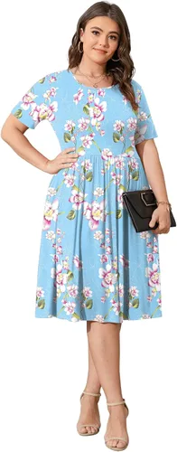 Vista 3 de POSESHE - Vestido de verano para mujer, talla extragrande, casual, manga corta, cintura imperial, corte holgado, vuelo, estilo camiseta y bolsillos