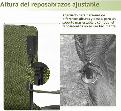 Vista 6 de Silla plegable resistente de capacidad de 500 libras, sillas de campamento de gran tamaño con soporte para tazas, bolsa enfriadora y bolsa de Verde
