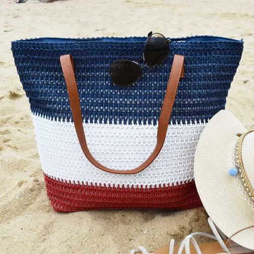 Vista 89 de Bolso grande de paja para mujer, tejido de ratán, bolso de playa de verano, a rayas