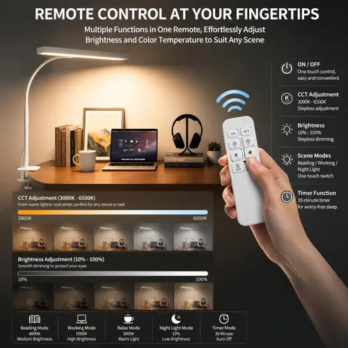 Vista 2 de Lámpara de escritorio LED para oficina y hogar, lámpara para el cuidado de los ojos con función de control remoto de 10 metros, 5 modos, 10 niveles