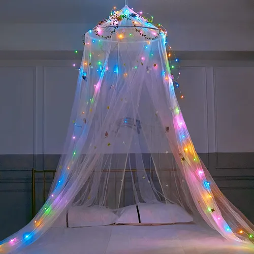 Vista 10 de FIOBEE Toldo de Cama para Habitación de Niñas, Cortinas de Dosel con Luces LED, Mosquitero con Red de Malla, Decoración DIY de Habitación