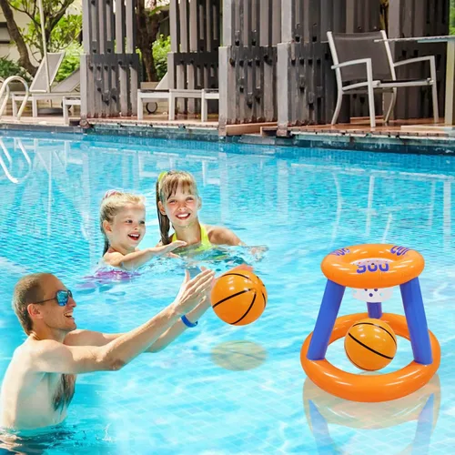 Vista 6 de Juego de juguetes de piscina, aro de baloncesto inflable para piscina, juego de lanzamiento de anillos cruzados y cactus inflables para niños