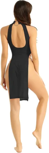 Vista 4 de renvena Lencería de cuello halter para mujer vestido ultrafino piernas de abertura alta camisón Cheongsam para fiesta clubwear