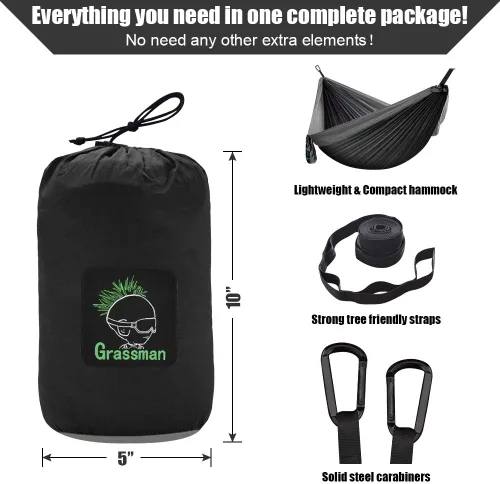 Vista 3 de Grassman Hamaca de camping doble y individual hamaca portátil con correas de árbol, hamacas de paracaídas de nailon ligero, accesorios de Negro &