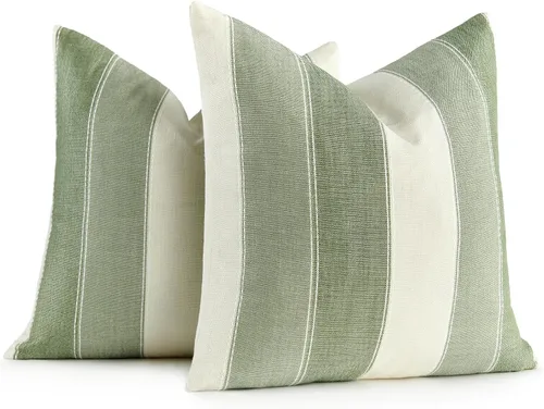Vista 8 de AmHoo - Juego de 2 fundas de almohada decorativas para casa de campo, a rayas y a cuadros, juego de fundas de almohada de algodón y lino para sofá