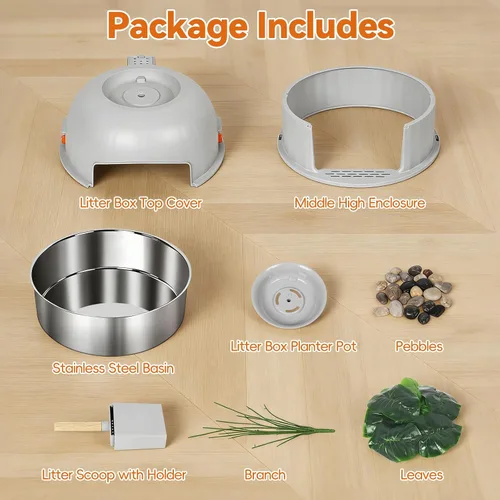 Vista 8 de Caja de arena oculta para gatos con planta artificial, muebles de acero inoxidable, maceta redonda decorativa incluye cuchara, guijarros, filtro