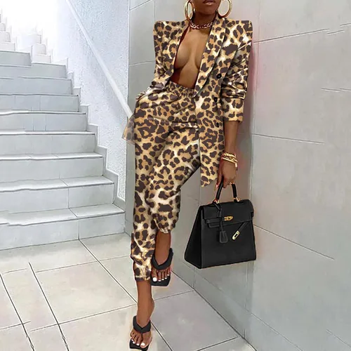 Vista 2 de Trajes de pantalón para mujer, conjunto de dos piezas con estampado de leopardo, con solapa, doble botonadura, pantalones de cintura alta