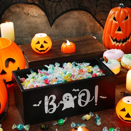 Vista 3 de Sintuff Cuenco de madera para dulces de Halloween, divertido plato de dulces para dulce o truco, soporte grande para servir de Halloween, cuenco