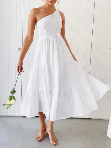 Vista 4 de ZCSIA - Vestido de verano bohemio para mujer, con un hombro descubierto, sin mangas, unicolor, largo debajo de la rodilla y con holanes escalonados