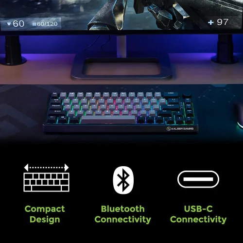 Vista 6 de IOGEAR Mechlite Nano Teclado para juegos recargable con cable o inalámbrico Bluetooth, control de volumen integrado, teclas PBT, cable USB-C a USB-A