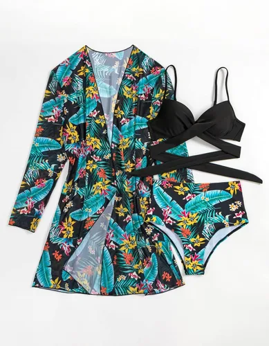 Vista 6 de Floerns Conjunto de bikini de 3 piezas para mujer con push up halter y kimono