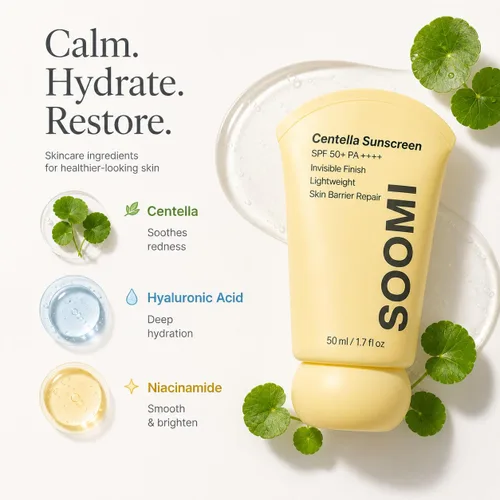 Vista 2 de Soomi Skin Centella Protector solar 1.7 fl oz SPF 50 Centella Asiatica - Protector solar coreano para piel sensible, sin yeso blanco, protección